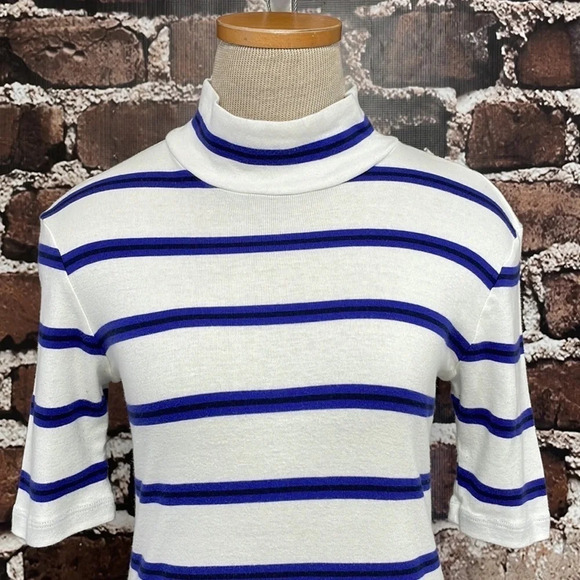 CLOSED Italy Knit Top Mock Neck T-Shirt White Blue Stripes Small - Picture 5 of 11